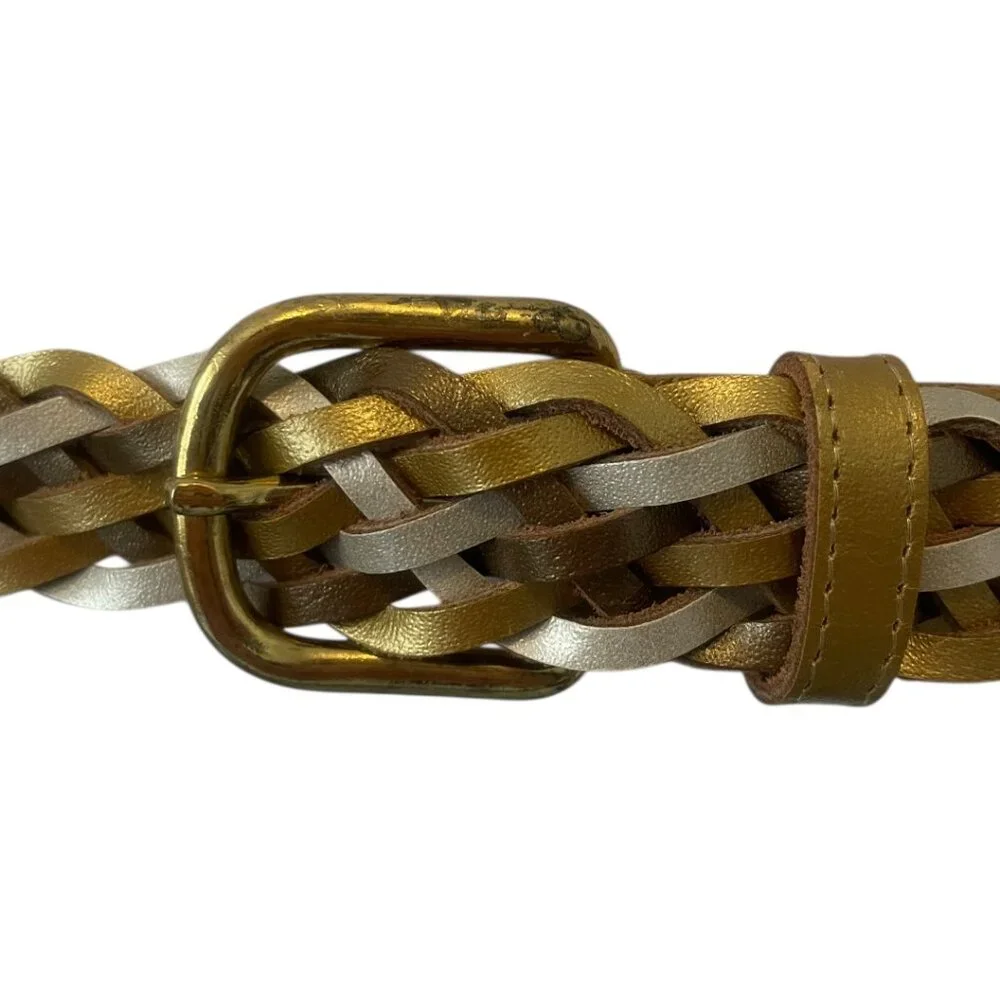 Vintage Tricolor Braided Gold Silver White Leather Belt with Gold Tone Buckle XL